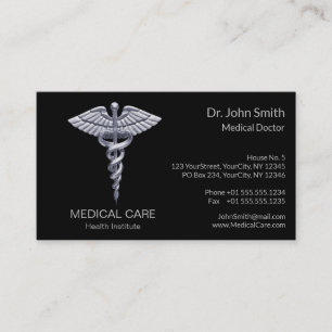 Carte De Visite Caducée Médicale argentée classique sur noir