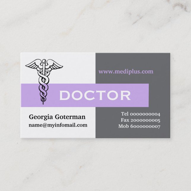 Carte De Visite Caduceus médecin minimaliste gris, blanc, lavande (Devant)