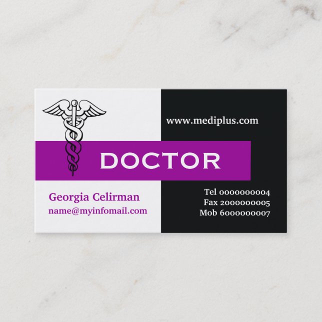 Carte De Visite Caduceus médecin minimaliste noir, blanc, violet (Devant)