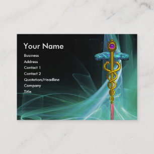 CARTE DE VISITE CADUCUS D'OR EN VERT BLEU TURQUOISE VAGUES LUMINEU