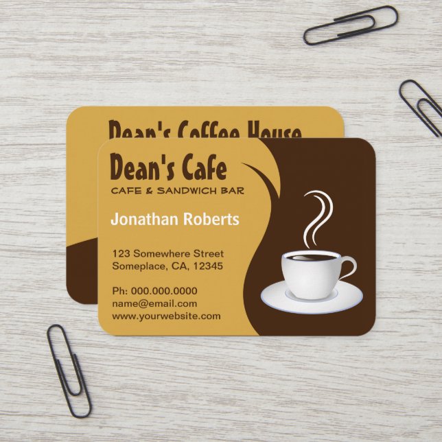 Carte De Visite Café Brown et beige élégant Café Café Grand (Devant/Arrière en situation)