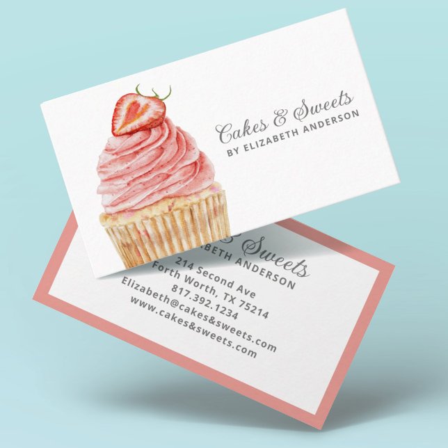 Carte De Visite Cakes & Sweets Cupcake Boulangerie Pâtisserie Chef (A pretty and modern cupcake bakery business card featuring a strawberry cupcake)