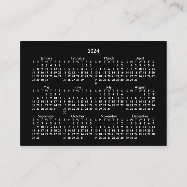 Carte De Visite Calendrier 2024 Mini POCKET DIMANCHE DÉBUTER NOIR (Dos)