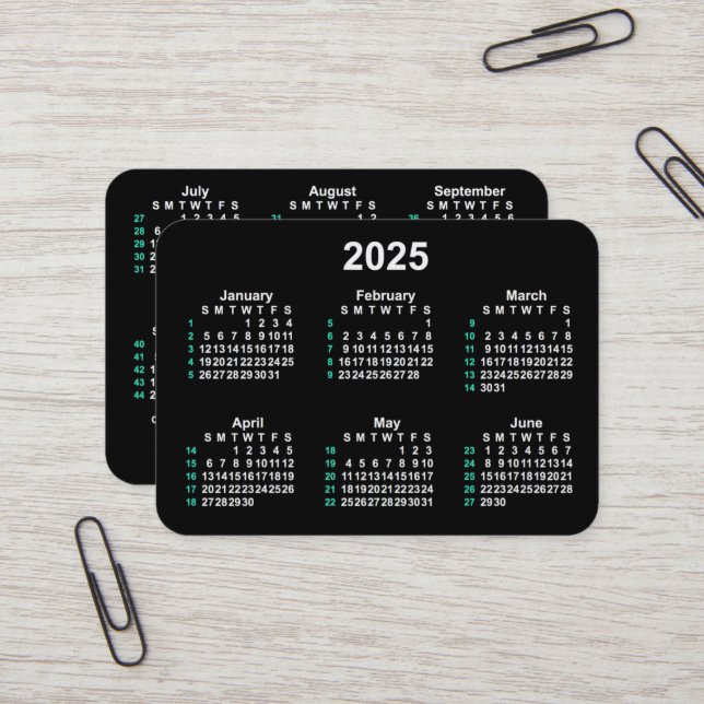 Carte De Visite Calendrier ISO de Neon 52 semaines 2025 par Janz (Devant/Arrière en situation)