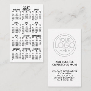 Carte De Visite Calendrier Mini Blanc 2027 avec Logo