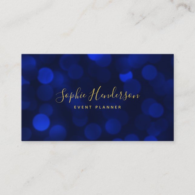 Carte De Visite Calligraphie moderne Sapphire Blue Bokeh Lumières (Devant)