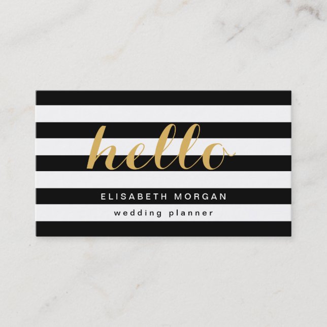 Carte De Visite Calligraphie or élégant Hello Black White Stripes (Devant)