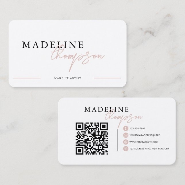 Carte De Visite Calligraphie rose pâle Beige Script Code QR (Devant / Derrière)