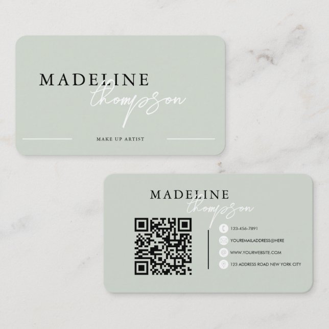 Carte De Visite Calligraphie rose pâle Beige Script Code QR (Devant / Derrière)