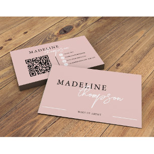Carte De Visite Calligraphie rose pâle Beige Script Code QR