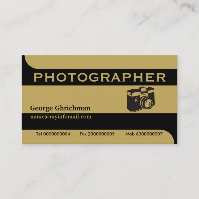 Carte De Visite Caméra photographe noir, or accrocheur (Devant)