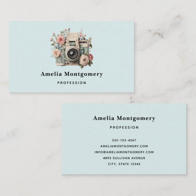 Carte De Visite Camera with Flowers Retro Pastel Image (Devant / Derrière)