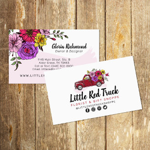 Carte De Visite Camion Vintage rouge et fleurs Floral + médias soc