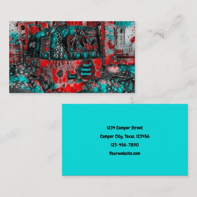 Carte De Visite Camping Hippie Turquoise Rouge Glamping (Devant / Derrière)