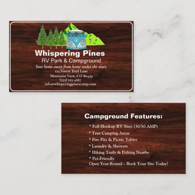 Carte De Visite Camping rustique RV Park Contact Design (Devant / Derrière)