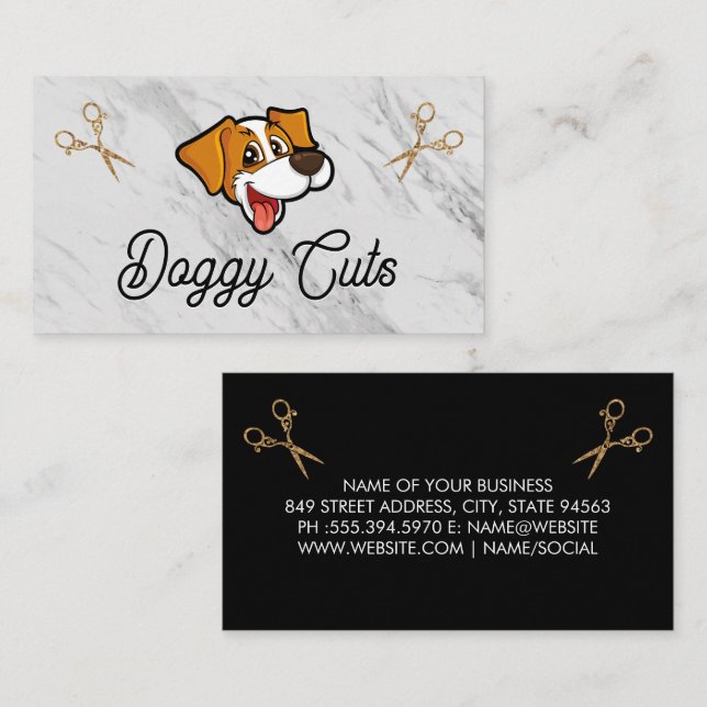 Carte De Visite Caricature pour chien mignon | Ciseaux Groomer (Devant / Derrière)