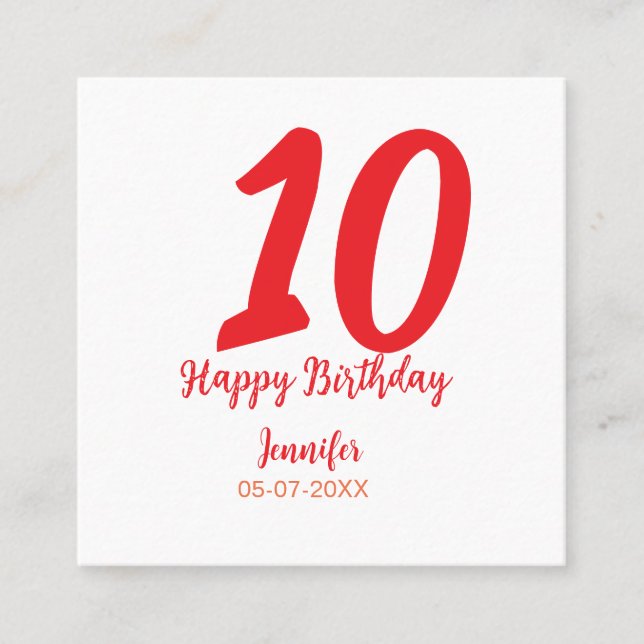 Carte De Visite Carré 10e anniversaire ajouter nom date année rouge modè (Devant)