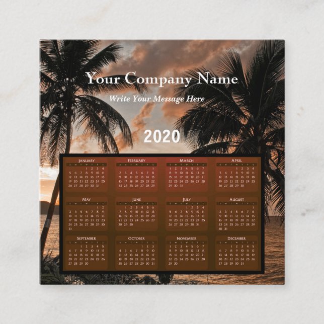 Carte De Visite Carré 2020 Entreprise Business Tropical Calendar (Devant)