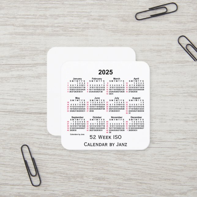 Carte De Visite Carré 2025 Blanc 52 semaines Calendrier ISO par Janz (Devant/Arrière en situation)