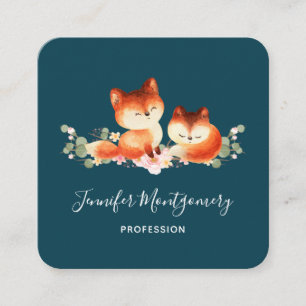 Carte De Visite Carré 2 mignons Petits Renards Rouges Aquarelle Design