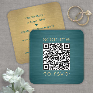 Carte De Visite Carré 50 Cartons QR RSVP Bleu Sarcelle et Or Enclosure d