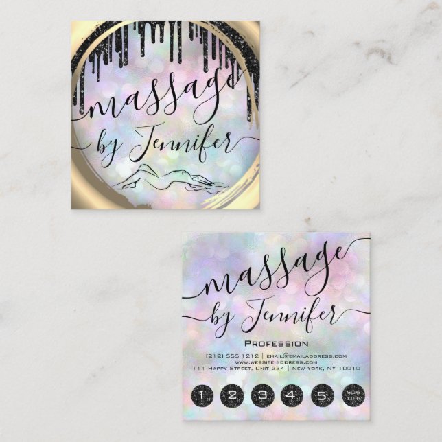 Carte De Visite Carré 6 Punches Massage Spa Wellness Studio Holographe (Devant / Derrière)