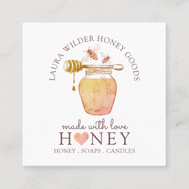 Carte De Visite Carré Abeille de miel aquarelle logo illustré (Devant)