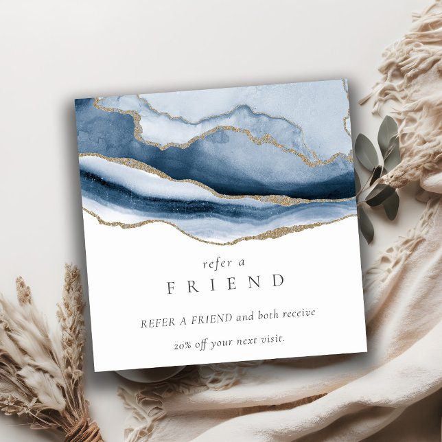 Carte De Visite Carré Abstrait Marine Blue Agate Or Référer Un Ami (Créateur téléchargé)