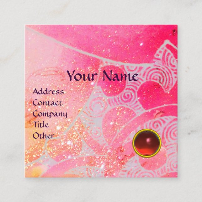 CARTE DE VISITE CARRÉ ABSTRAIT ROSE BLEU PURPLE VAGUES ROUGE RUBY MONOGR (Devant)