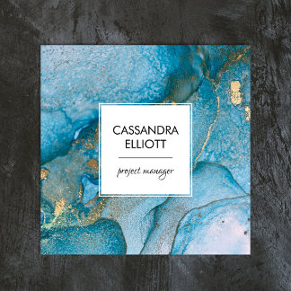 Carte De Visite Carré Abstrait Turquoise Blue & Gold Alcohol Enk Liquid 