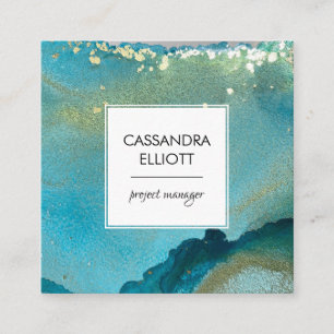Carte De Visite Carré Abstrait Turquoise & Gold Alcohol Enk Liquid Art