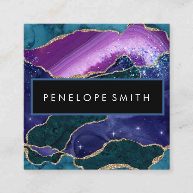 Carte De Visite Carré Agate bleu et violet Abstrait (Devant)