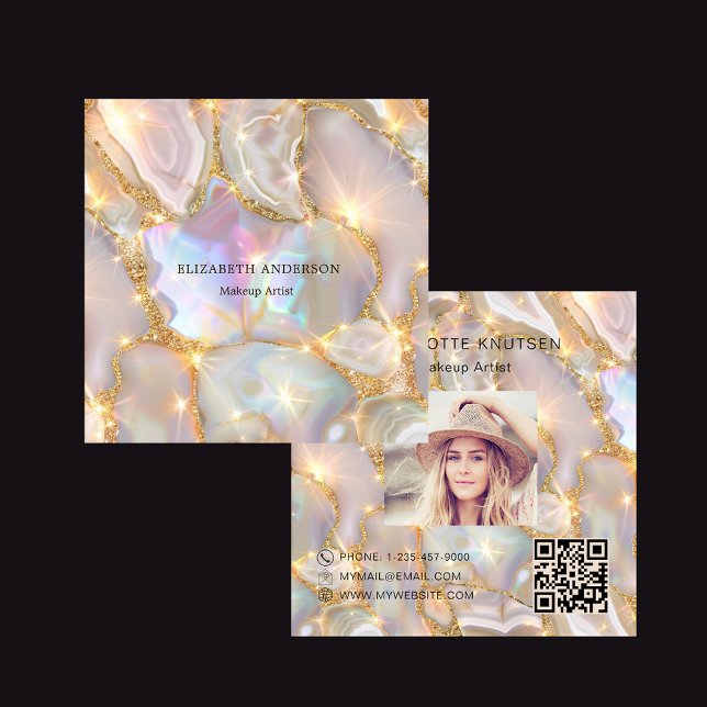 Carte De Visite Carré Agate d'or beige holographique photo qr code (Créateur téléchargé)