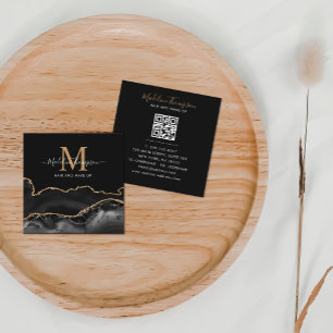 Carte De Visite Carré Agate moderne Black Gold Photo QR Code Monogramme