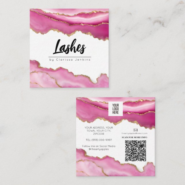 Carte De Visite Carré agate rose tendance Moderne Lash Extensions Beauté (Devant / Derrière)