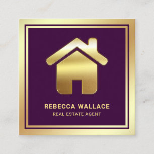 Carte De Visite Carré Agent Immobilier Logo Maison Feuille D'Or Violet