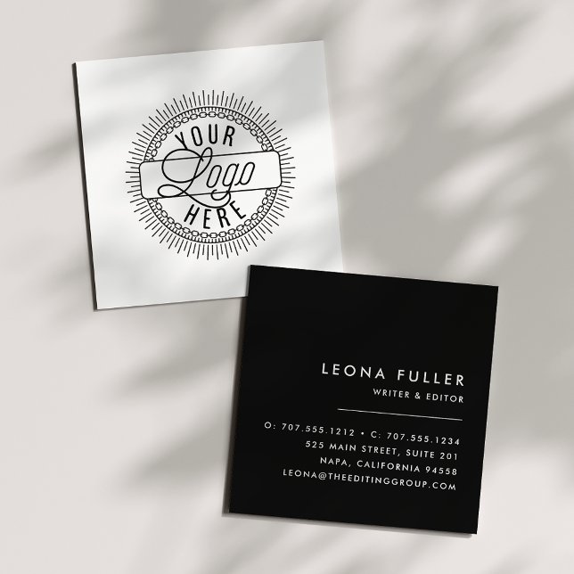 Carte De Visite Carré Ajouter votre logo | Noir moderne et blanc (Créateur téléchargé)