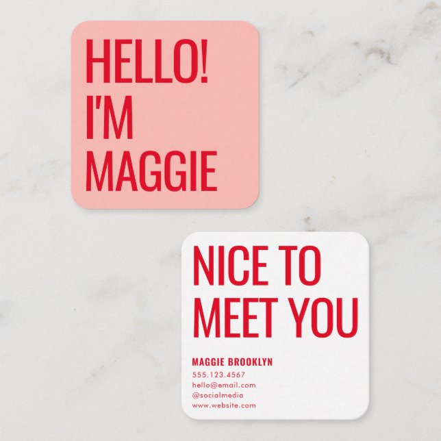Carte De Visite Carré Allo minimal | Moderne Clean Nom simple Rouge Rose (Devant / Derrière)