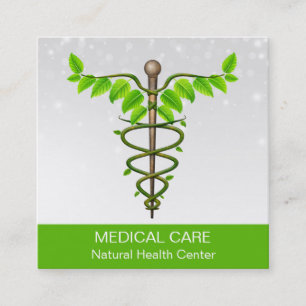 Carte De Visite Carré Alternative Médicale Caduceus Vert Feuilles Blanc