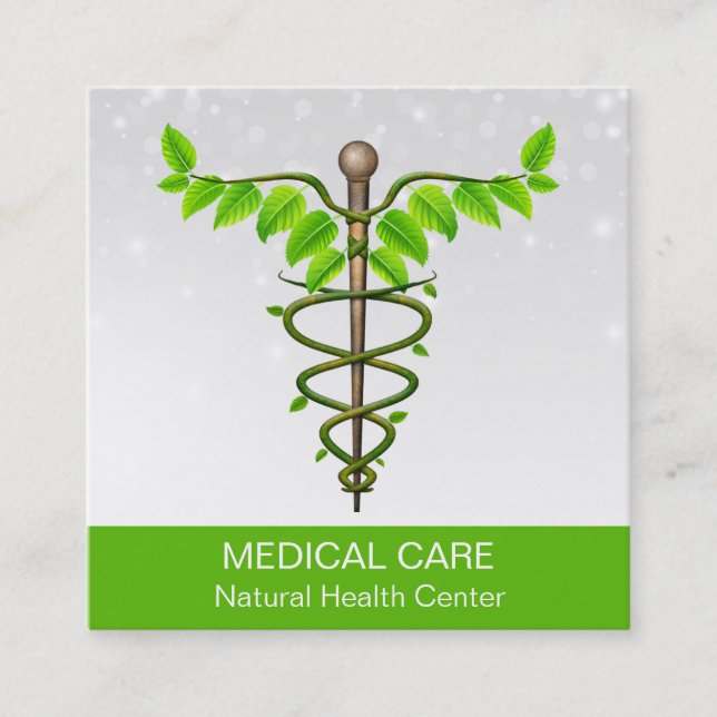 Carte De Visite Carré Alternative Médicale Caduceus Vert Feuilles Blanc (Devant)