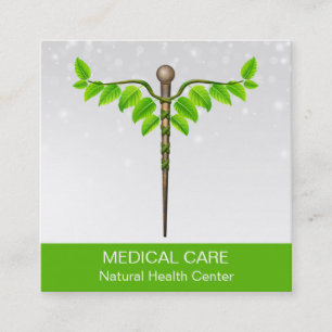 Carte De Visite Carré Alternative Médicale Caduceus Vert Feuilles Blanc