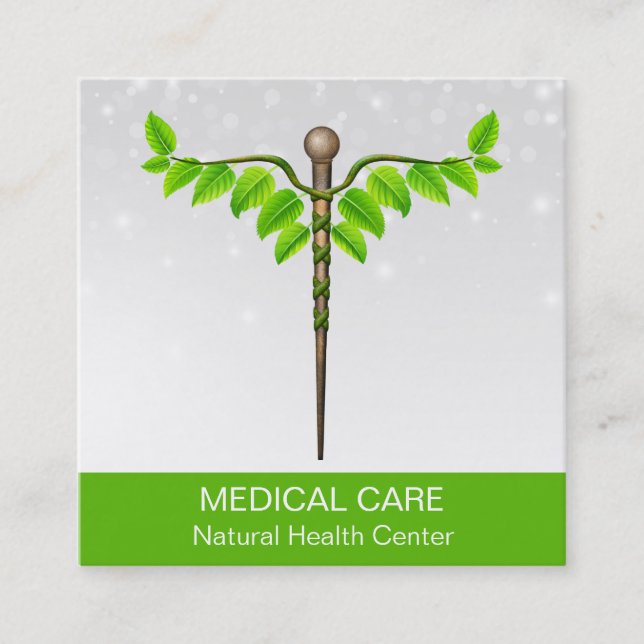 Carte De Visite Carré Alternative Médicale Caduceus Vert Feuilles Blanc (Devant)