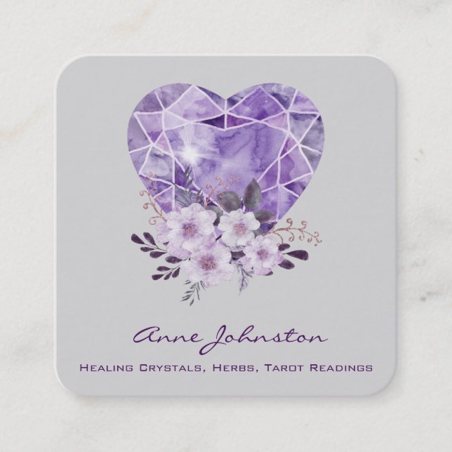 Carte de visite Carré Améthyste Coeur et Fleurs (Devant)