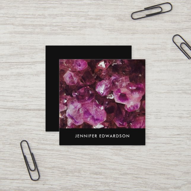 Carte De Visite Carré Améthyste mauve cristal professionnel (Devant/Arrière en situation)