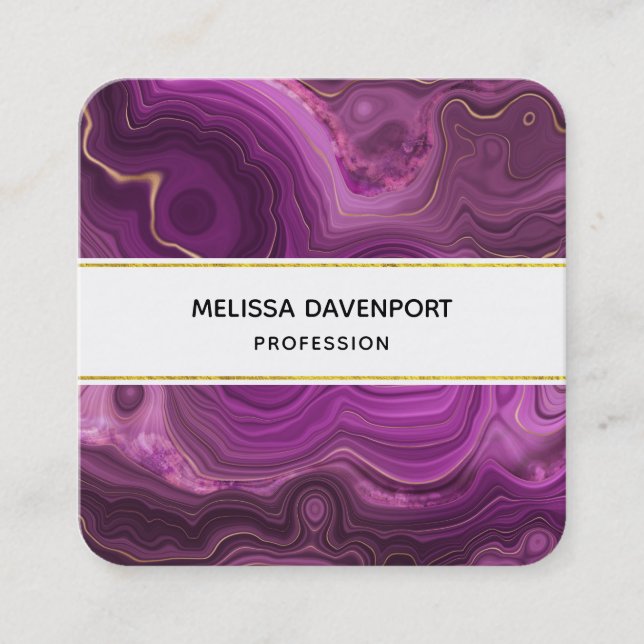 Carte De Visite Carré Améthyste Violet Et Agate Abstrait Or (Devant)