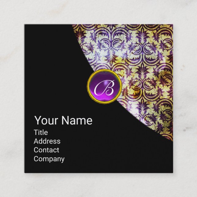 Carte De Visite Carré ANTIQUE DAMASK PURPLE GEM MONOGRAM Black Pearl (Devant)