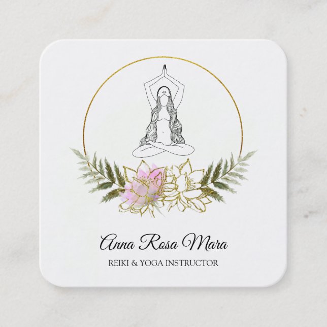 Carte De Visite Carré *~* AP32 Or rose Lotus Yoga femme énergie (Devant)
