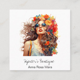 Carte De Visite Carré *~* AP57 Boho QR Fleurs cheveux gras Hippie fille