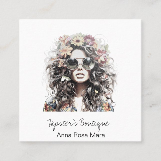 Carte De Visite Carré *~* AP57 Boho QR Floral Hippie fille sauvage (Devant)