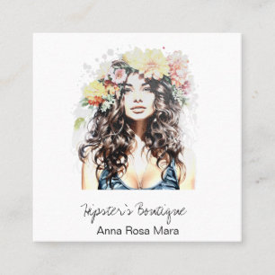 Carte De Visite Carré *~* AP57 Femme hippie sauvage de Boho QR Floral